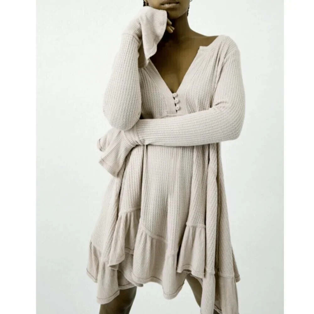 FREE PEOPLE OATMEAL OLIVIA HENLEY WAFFLE TUNIC TOP - Picture 4 of 9